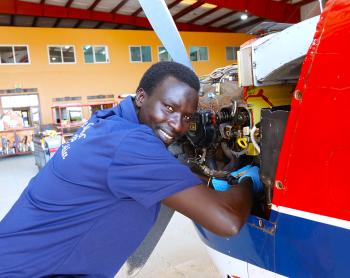 John Chol at work at MAF Uganda hangar