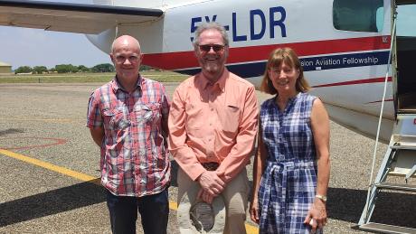 Director Dave Bishop with Ruth and Nick Davis pre flight in Soroti